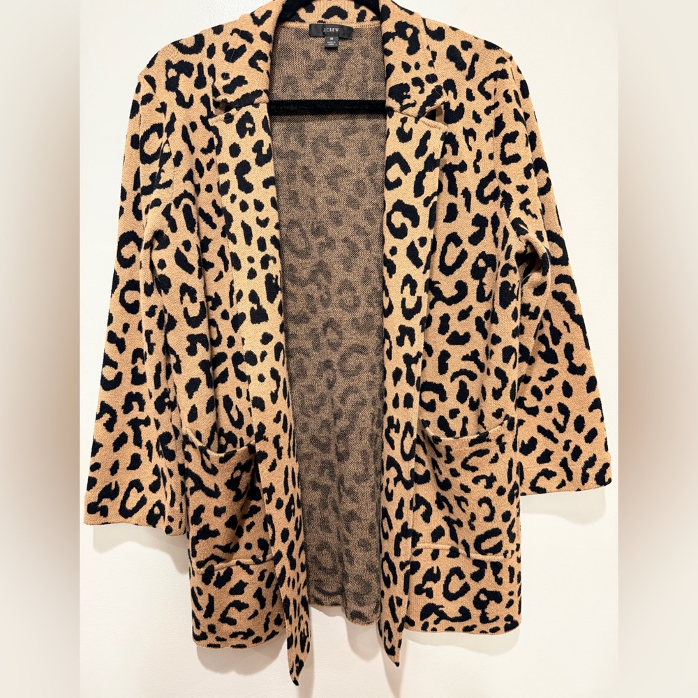 J.Crew Merino Wool Blend Leopard Print Open Front Cardigan Medium Statement